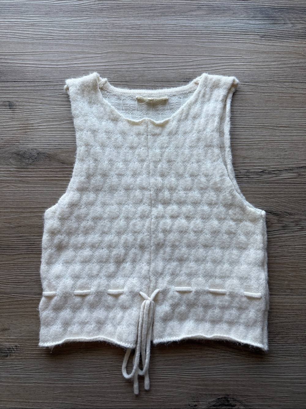 Cream Quilted Knit Crop Top with Drawstring